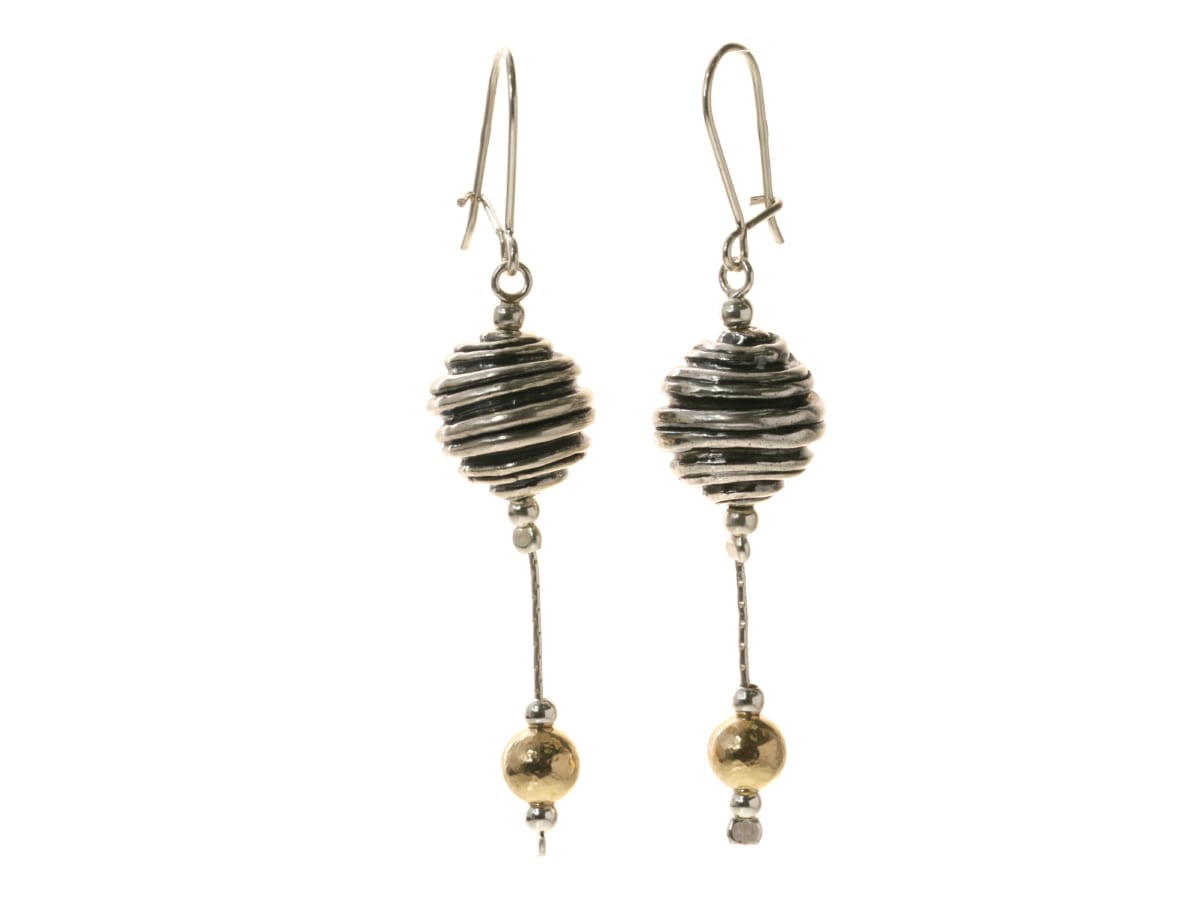 Lovely long Sterling Silver carved ball detail drop earrings with a 14k